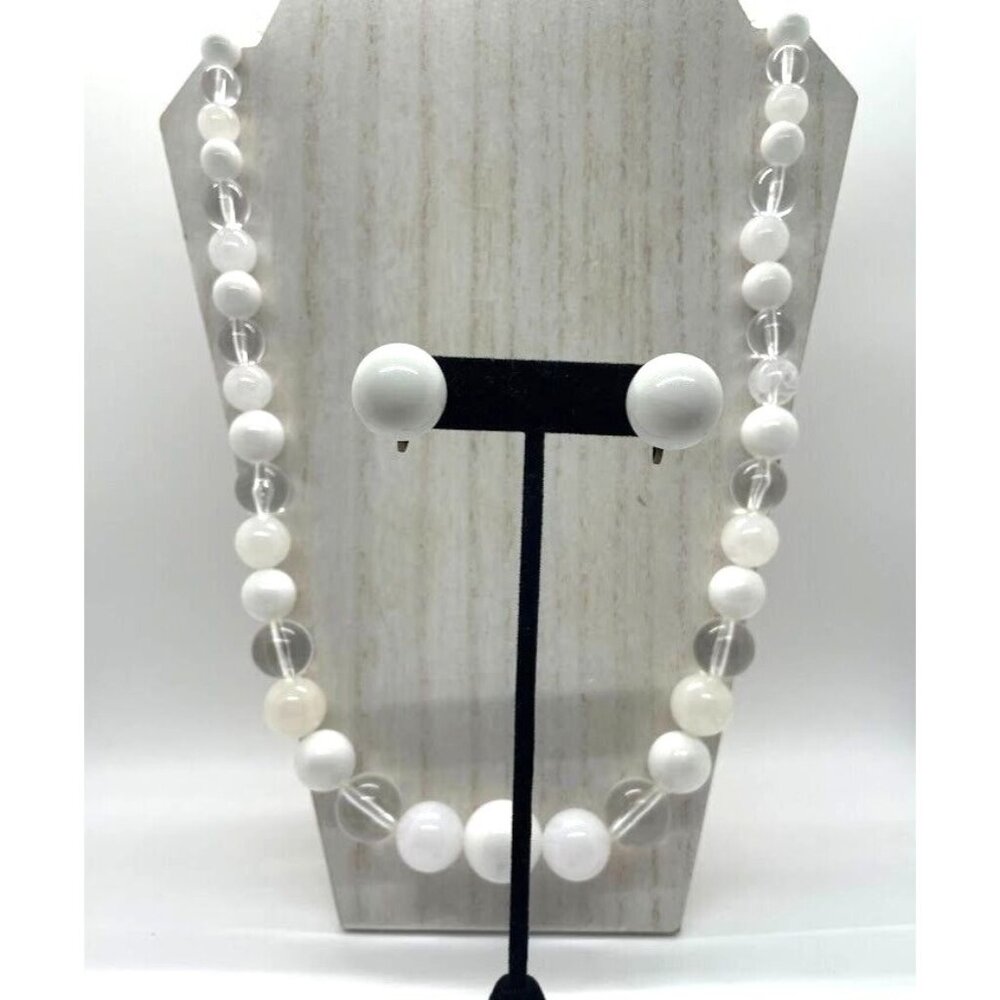 Vintage Plastic Graduated Beads Opaque White Clear 29" Necklace Clip On Earrings
